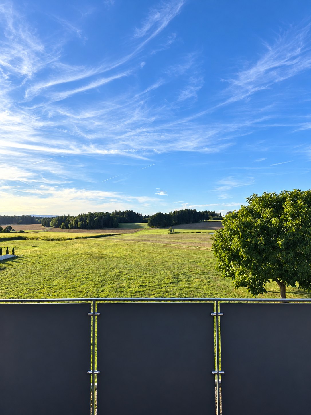 Weiter Blick über Wiesen und Wälder vom Balkon der Ferienwohnung in Lengenfeld nahe Tirschenreuth